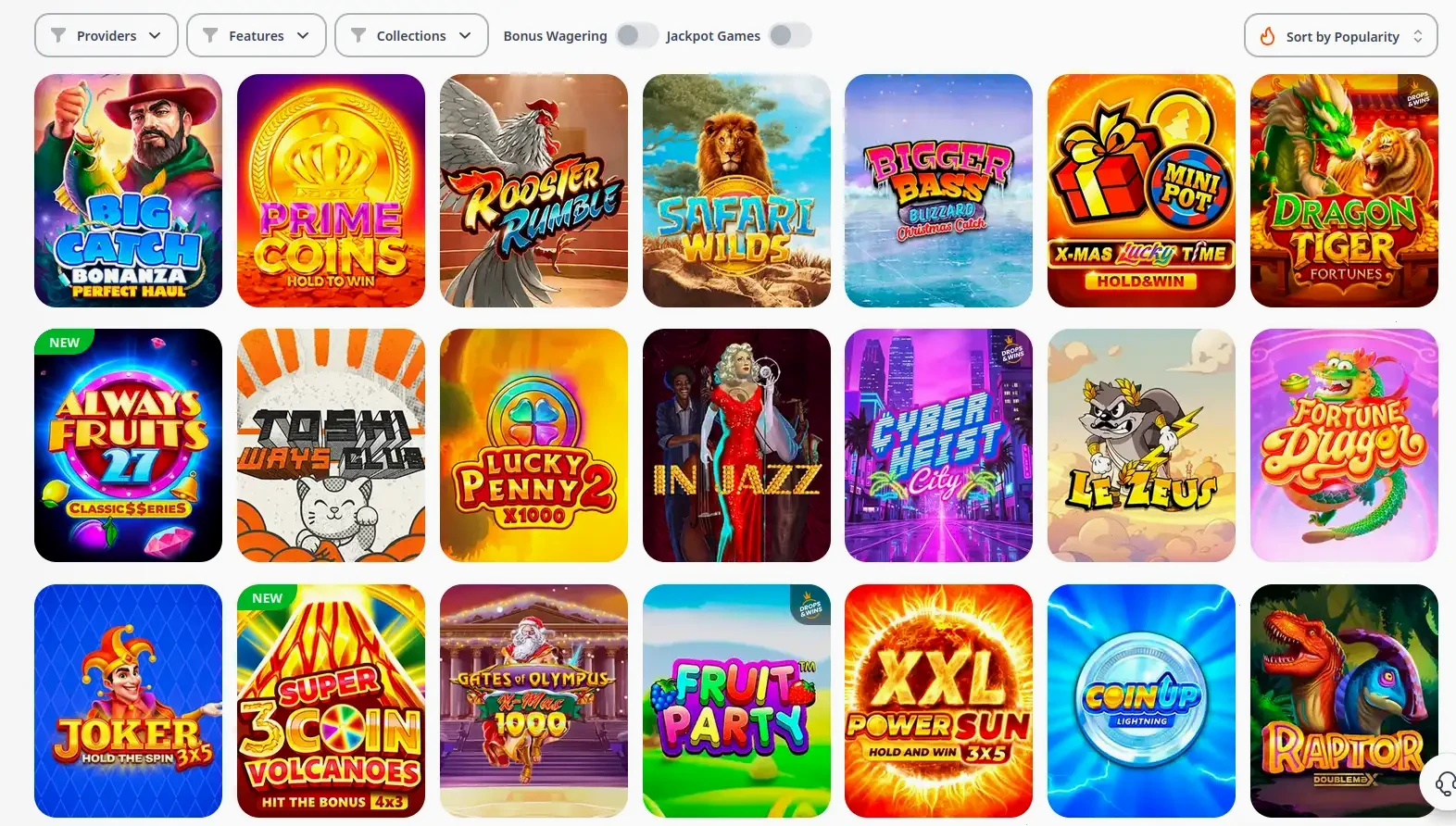 Catalogo giochi Infinity Casino con slot e live casino